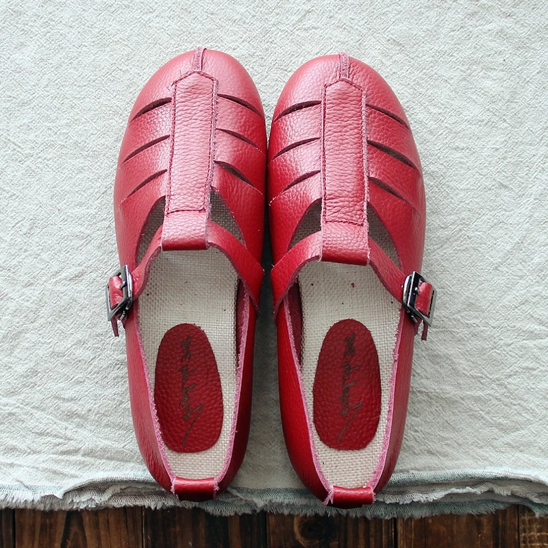 Careaymade-Genuine Leather Sandals,Little Red Shoes, Literary Artistic Women's Shoes,Handmade Flat-soled Leisure shoes