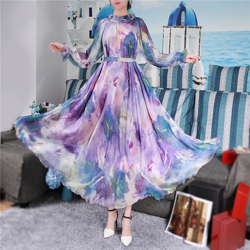 Bohemian Runway Maxi Dress Plus size Women\'s Long Sleeve Ruffle Vintage Floral Print Chiffon Party Holiday Long Maxi Dress Robe