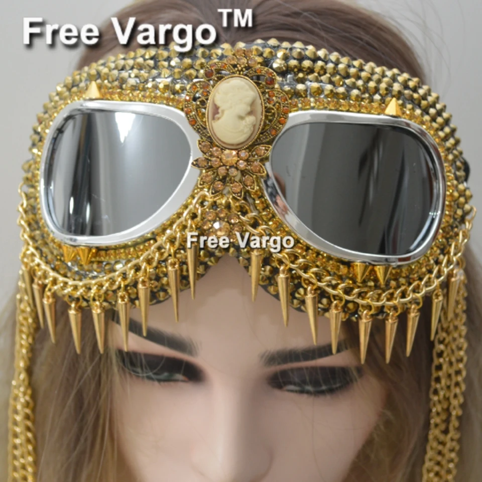 Holographic Gold Rhinestone Rave Streampunk Burning Man Goggle Chain Spike Costume Cyber Goth Goggles Stage Dj  Mask For Women