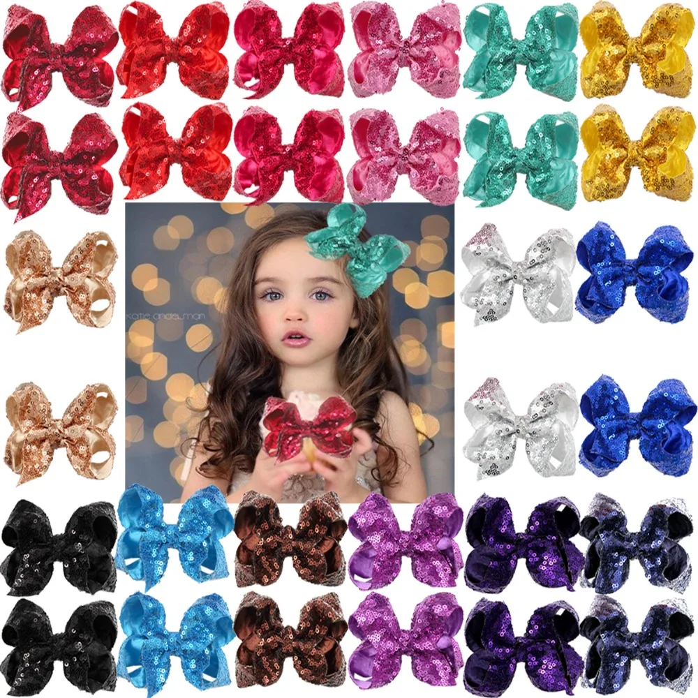 12Pieces(6Colors In Pairs) Bling Sparkly Sequins Bows Alligator Hair Clips Baby Girls Mix Colored Solid Ribbon Hair Bows Clip