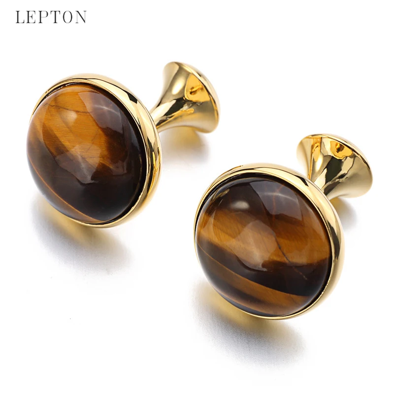 Lepton Low-key Luxury Tiger-eye Stone Cufflinks for Mens High Quality Round Tigereye Stone Cuff links Relojes gemelos Best Gift