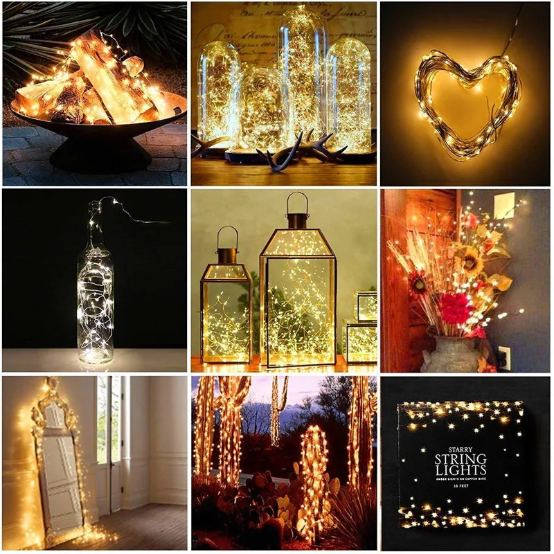 

6pcs/lot Copper Led Fairy Lights 1M 10LEDS Christmas Lamp Button Battery Operated LED String Light for Xmas Wedding Decoration