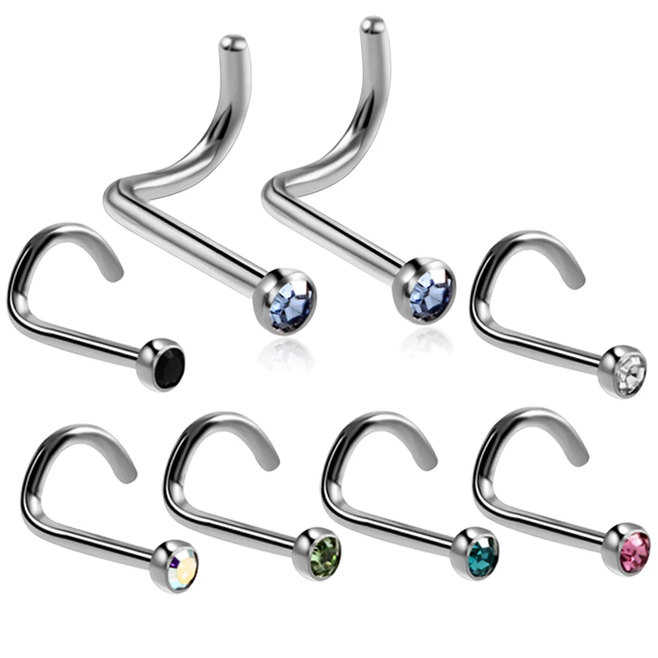 12pcs/lot Stainless Steel CZ Nose Screw Rings Piercing Nez Nose Stud Piercing Nostril Earring Sexy Girls Body Jewelry 20g&18g