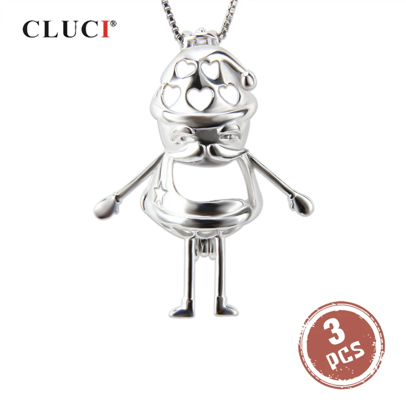 CLUCI 3pcs 925 Sterling Silver Fine Jewelry Santa Claus Cage Pendant Christmas Gifts for Women Silver 925 Pearl Locket SC166SB