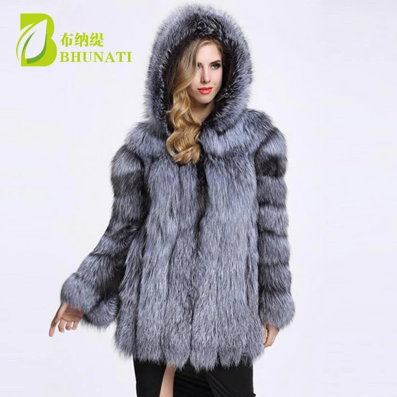 Bhunati Winter mode Damen mantel Einreiher Kapuze warme Kunst fuchs Pelz jacke für Frauen