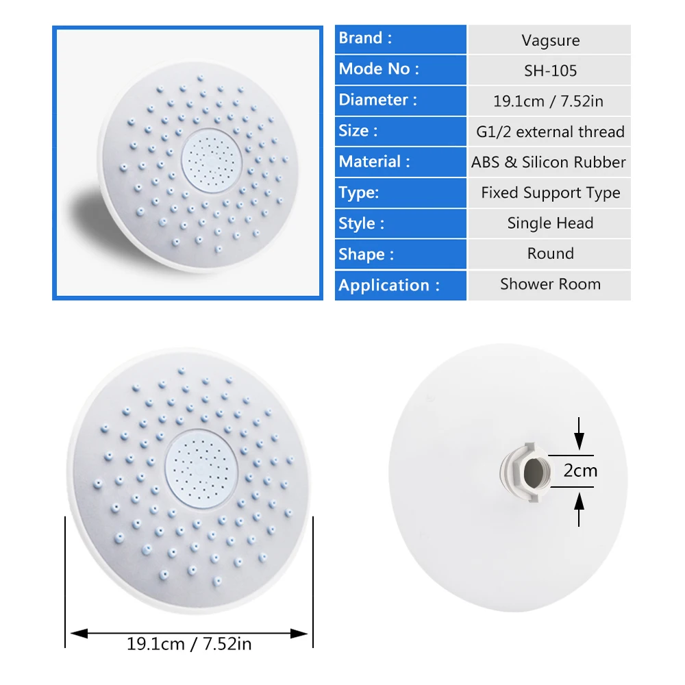 1pcs 19cm/7.52inch Round ABS Silicon Rubber Rainfall Top Shower Head For Rain Shower Cabin Room Roof Faucets Water Sprayers