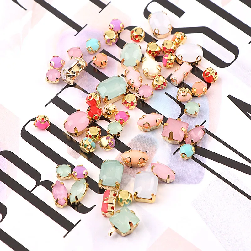 High Quality! Mixed Shape Resin Opal Sew On Rhinestone Gold Claw Strass Diamond Stones For DIY Nail Art Decoration