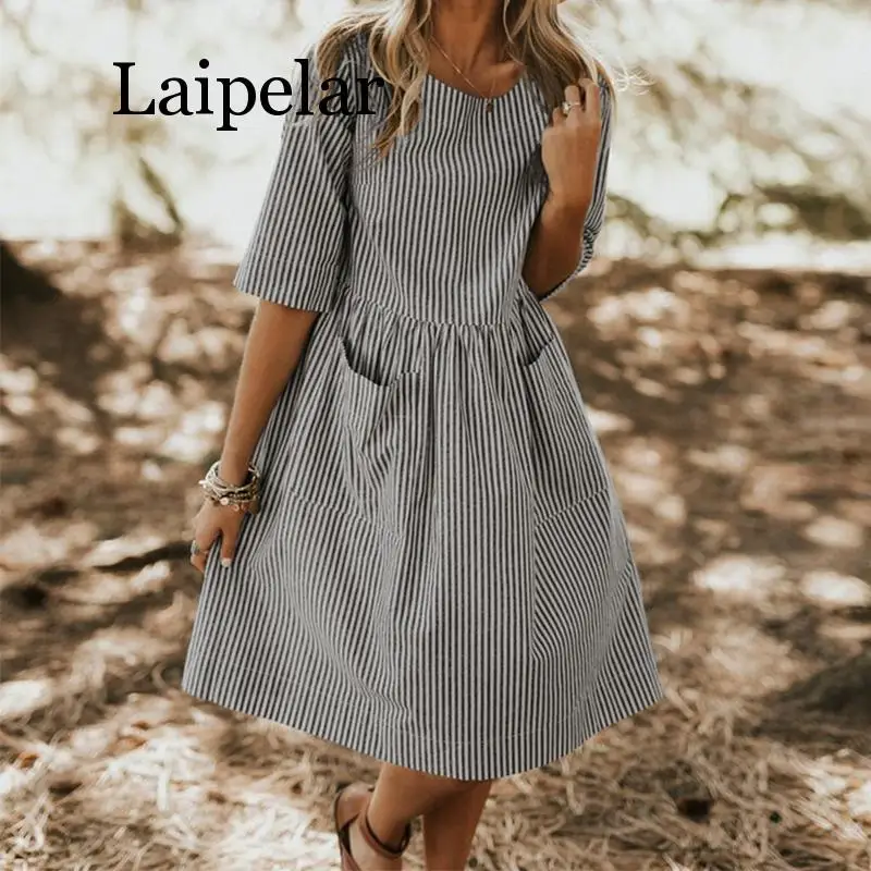 

Laipelar Women Summer Elegant O Neck Half Sleeve Pockets Loose Party Casual Baggy Work Striped Dress Sundress Oversized