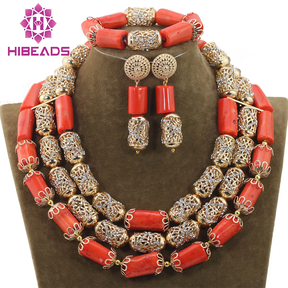 

Dubai Statement Necklace Set Wedding Coral Beads Jewelry Sets for African Women Bridal Indian Free ShippingABH150