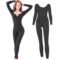 ZYSK Tummy Slimming Shapewear Women Full Length Long Sleeve Body Shaper Open Crotch Bodysuit Underbust Shapers