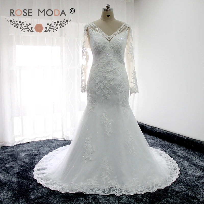 

Rose Moda V Neck Long Sleeves Lace Mermaid Wedding Dress with Crystal Buttons Real Photos