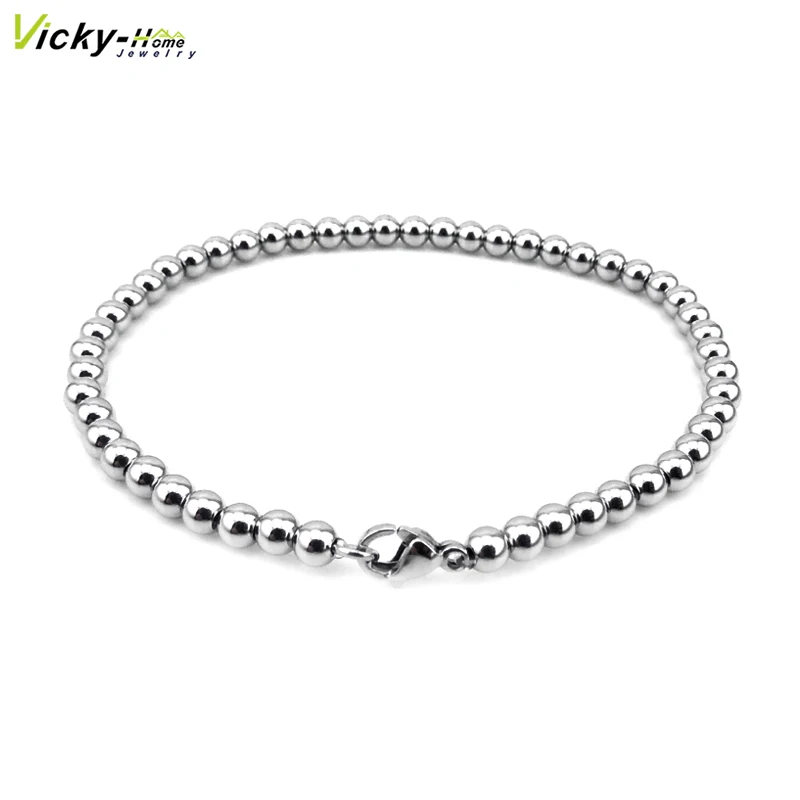 5Pcs/Lot 19cm+5cm Extra Chian 4mm Beads Bracelets Steel Color Stainless Steel Round Ball Chain Bracelets Drop Shipping