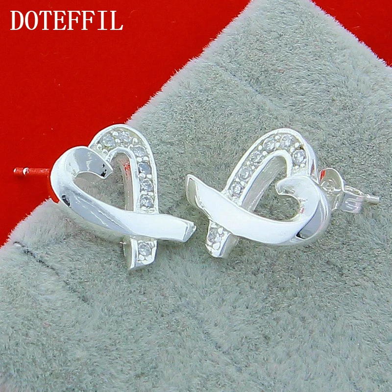 DOTEFFIL 925 Sterling Silver AAA Zircon Heart Stud Earring For Women Fashion Charm Wedding Engagement Party Jewelry