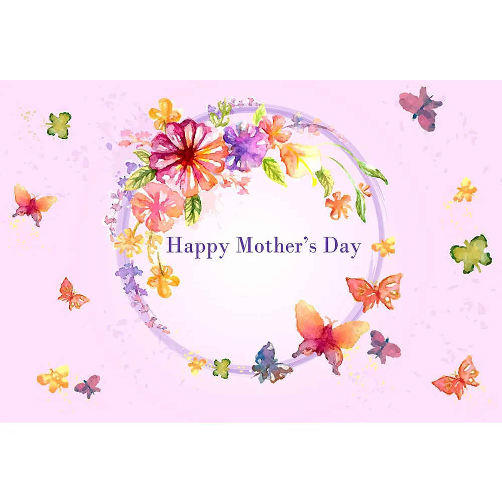 

Happy Mothers Day Backdrop Photography Digital Printing Butterflies Flowers Light Pink Party Themed Photo Booth Background