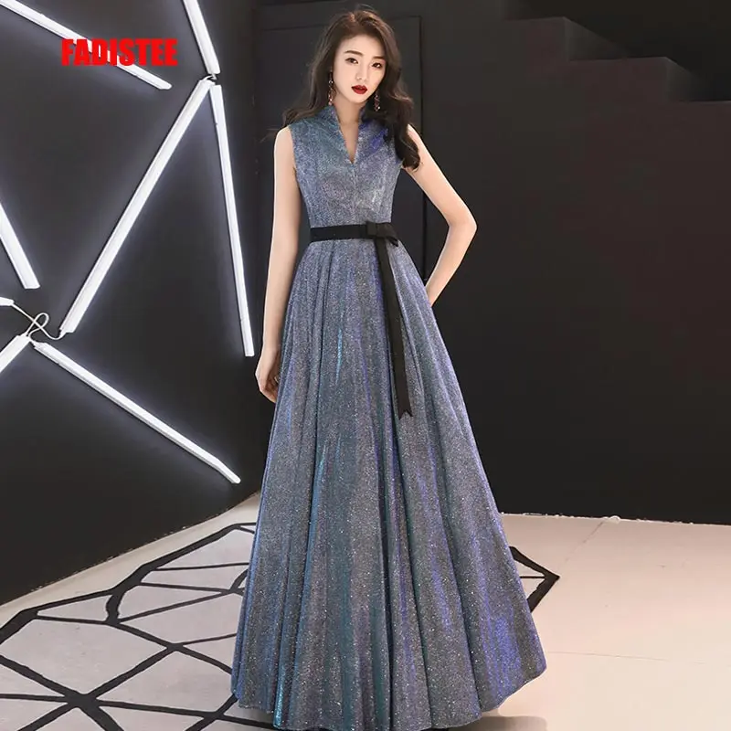 

FADISTEE New arrival modern party dress evening dresses prom lace A-line sexy black bow high neck bling satin