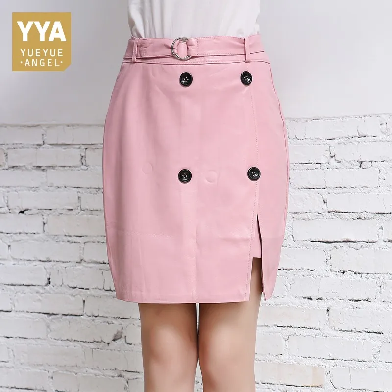 

Spring New Pink Office Ladies Sheepskin Real Leather Skirt Women Casual Buttons Slim Fit High Waist Wrap Skirt Green Jupe Femme