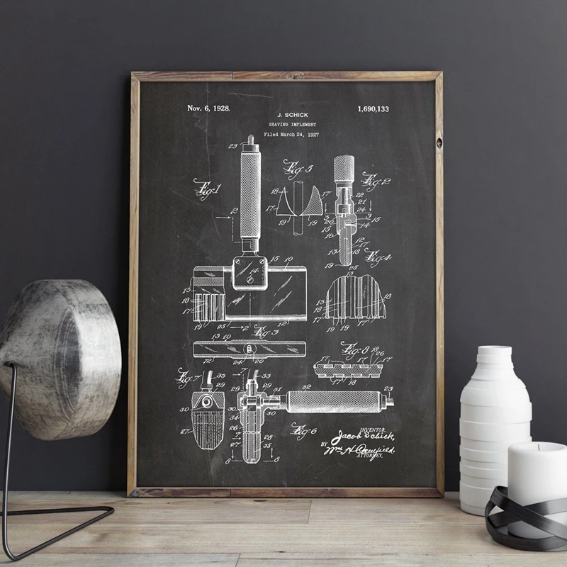 Straight Razor Patent Barber Gift Bathroom Wall Art Picture Prints Poster Home Decor Vintage Blueprint Canvas Painting Drawing