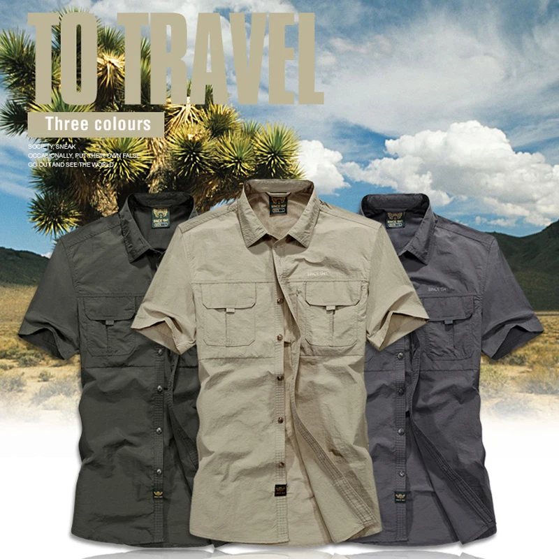 TRVLWEGO camicia tattica da uomo ad asciugatura rapida camicia da pesca da caccia all'aperto manica corta abbigliamento da trekking esercito rimovibile