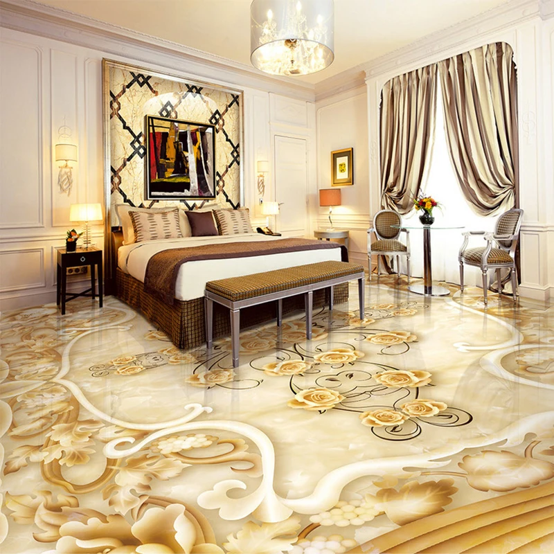 Custom 3D Floor Marble Flower Pattern Relief 3D Floor PVC Papel Mural Adhesivo Mural Sticker Living Room Bedroom Wall Paper