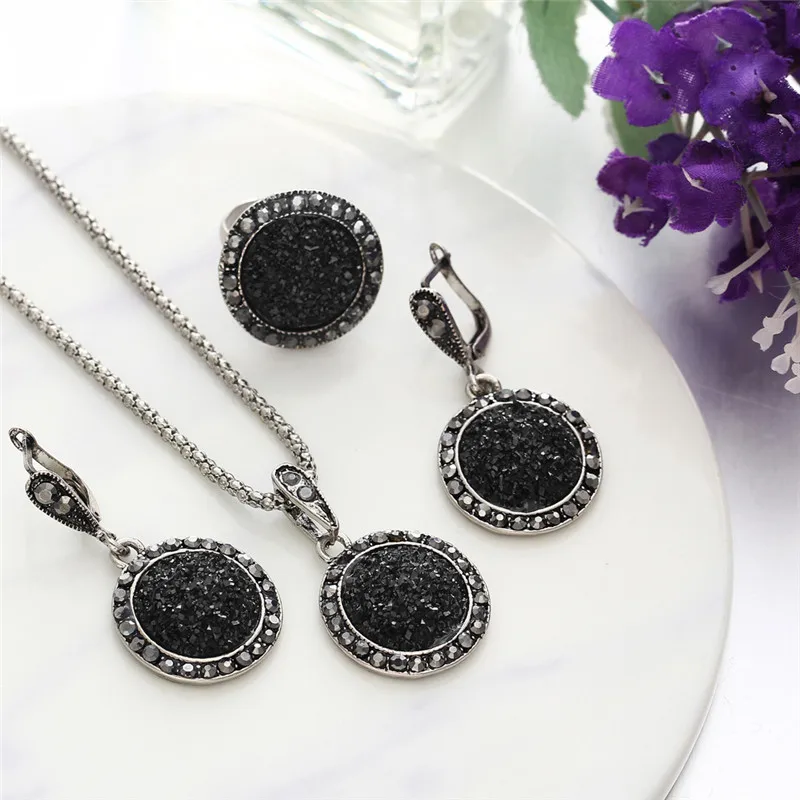 Vintage Wedding Jewelry Sets Black Stone Resin Necklace Set Ring Earrings For Women Fashion Crystal Jewellery Bridal Gift