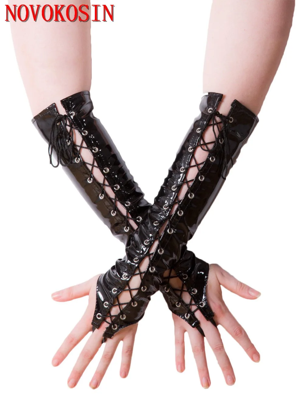 Guantes largos de PVC para mujer, guantes de vendaje de dedo para colgar, cuero de imitación, cordones ajustables, disfraces Sexy para Club