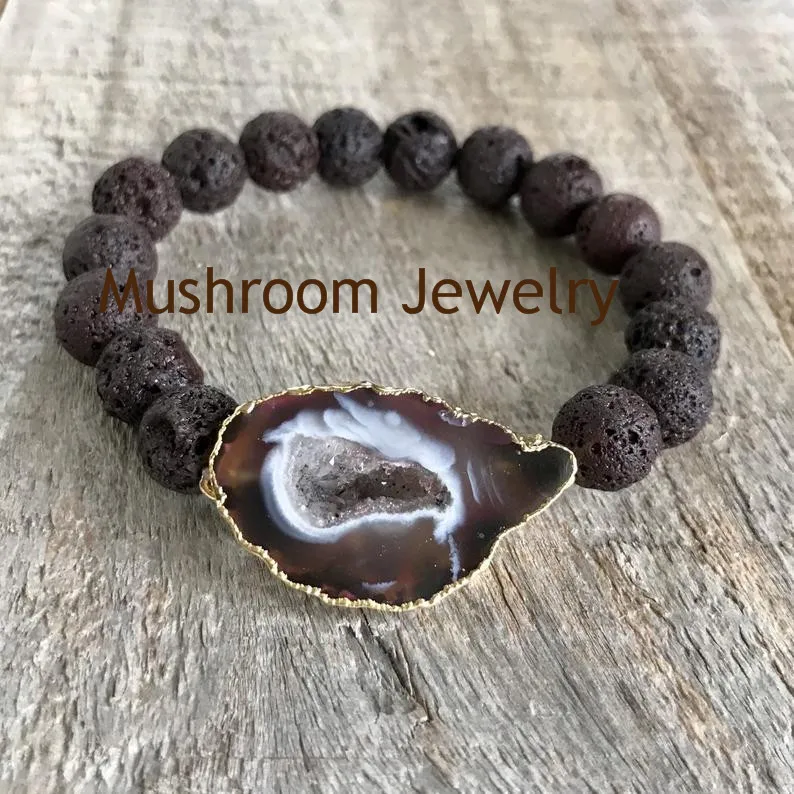 Boho Chic Druzy Geode Stone Charm Stack Bracelet Healing Rock Lava Stone Stretch Bracelet