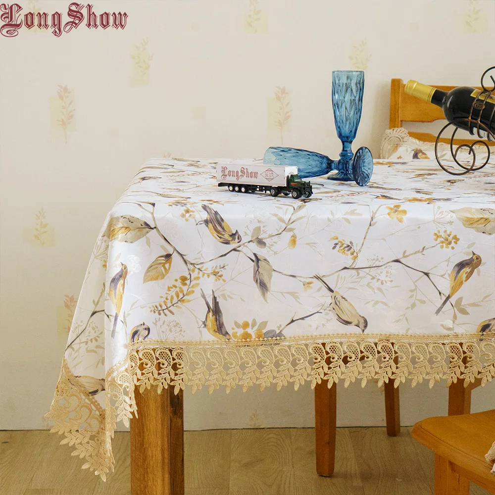 Newest Elegant 100% Polyester Yellow Color Sparrow Pastoral Style Floral Embroidred Lace Large Tablecloth