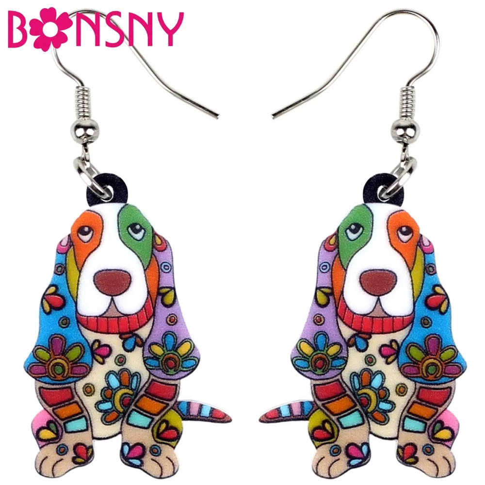 Bonsny Acryl Floral Cartoon Basset Hound Hund Ohrringe Tropfen Baumeln Tier Schmuck Für Frauen Mädchen Teen Pet Liebhaber Bijoux Charme