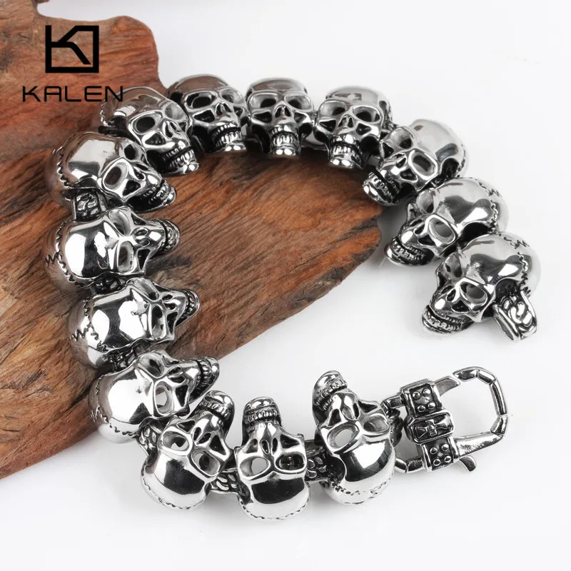 Kalen Skull Charm Men\'s Hand Bracelet Stainless Steel Punk Skeleton Male Wrap Metal Vintage Bangle European Punk Jewelry Gift