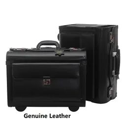 Genuine Leather Pilot Rolling Luggage Casters Cabin Wheel Suitcases Captain Travel Bag 18/19 inch Business Carry On Trolley