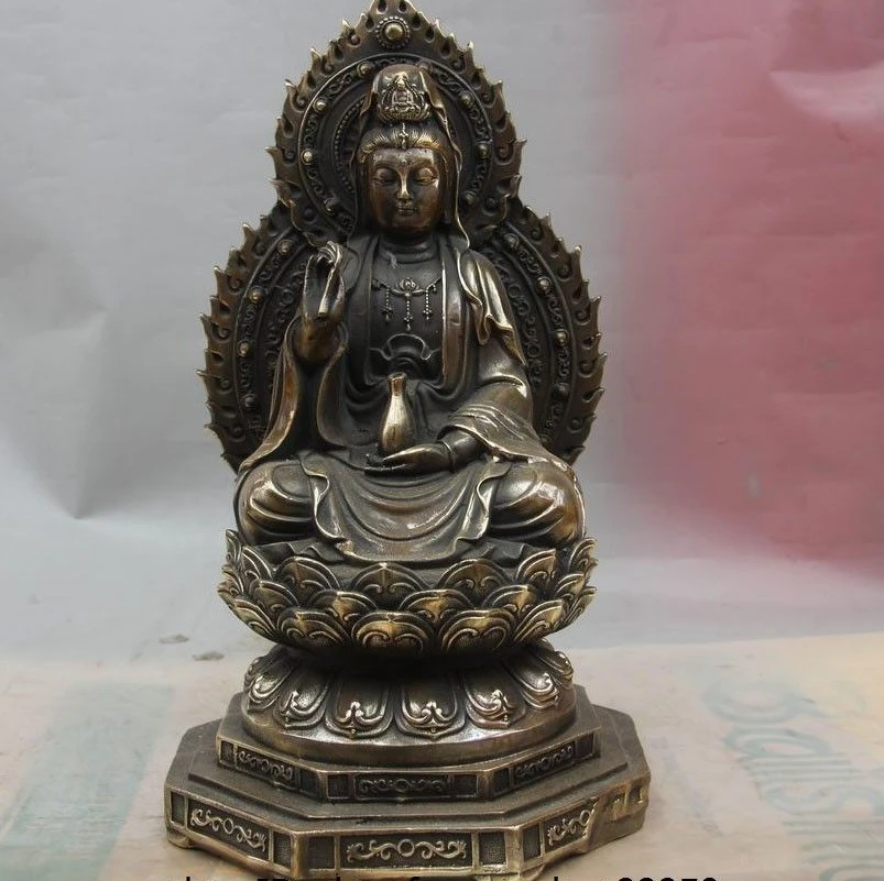 16 China Bronze Copper Buddhism Kwan-yin Guanyin Buddha Hold Vase Bottle Statue