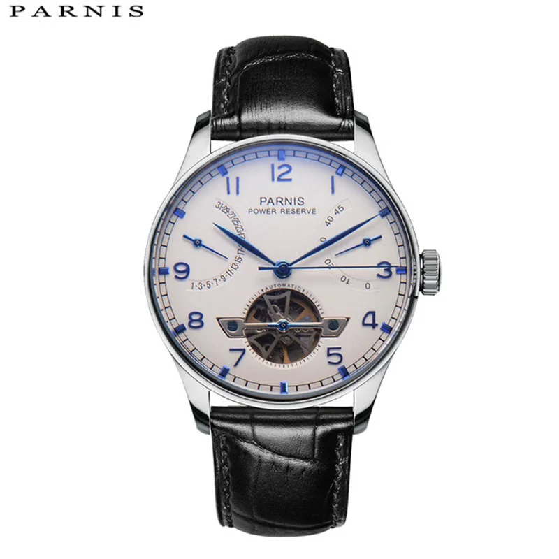 Casual 43mm Parnis White Dial Skeleton Automatic Watch PVD Case Men Power Reserve Tourbillon Mechanical Clock Relogio Masculino