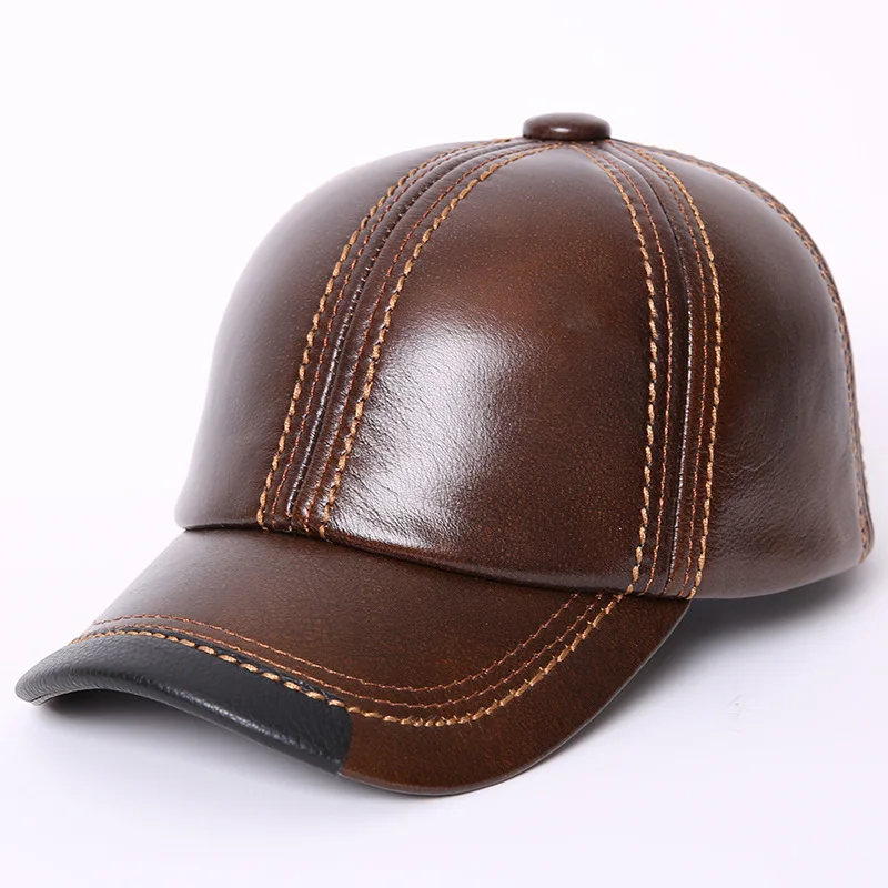 Adult Baseball Cap Male Winter Outdoor Hat Male 100% Genuine Leather Peaked Cap Men\'s Winter Warm Adjustable  B-7286