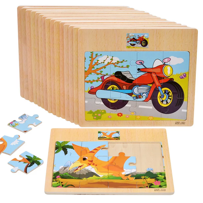 12pcs Puzzle Wooden Toys Kids Baby Wood Puzzles Cartoon Vehicle Animals Learning Educational Toys for Children Gift