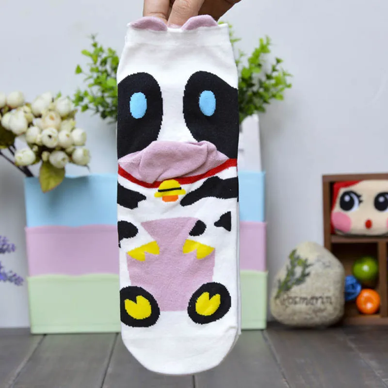 3 Pairs Women Socks Cute Cartoon Animals Cow Tiger Panda Stereoscopic Ears Funny Socks Deodorant Stretchy Combed Cotton Meias