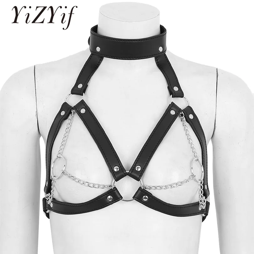 

YiZYiF Womens harness bra gothic Top PU Leather Harness garter belt Cage Tassel Chest Belt Steampunk Goth Belt Women lingerie