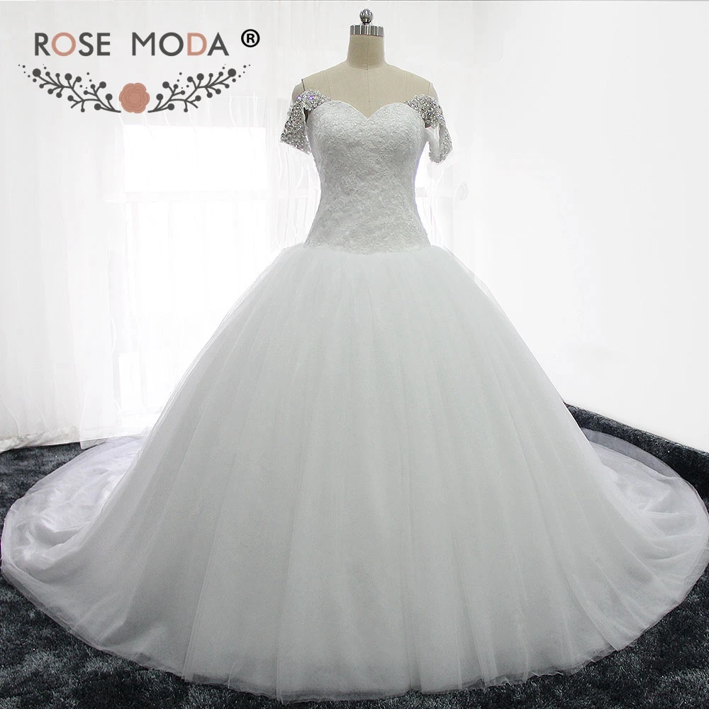 

Rose Moda Off Shoulder Straps Luxury Puffy Princess Wedding Ball Gown with Cathedral Train Real Photos