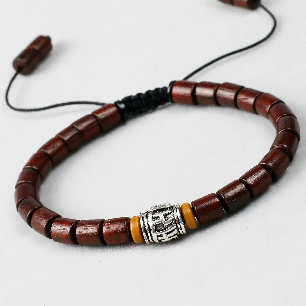 Natural Wood Beaded Bracelets OM Mala Beads Charm Bracelet Men Women Handmade Woven Wrist Buddha jewelry