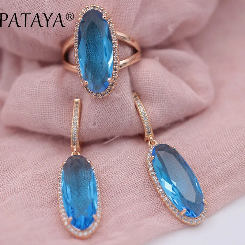 PATAYA New Women Wedding Vintage Jewelry 585 Rose Gold Color Trend Jewelry Sets Natural Zircon Oval Long Earrings Ring Set