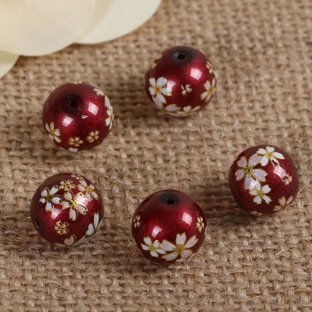 DoreenBeads Glass Painting Vintage Japanese Tensha Beads Round Sakura Flower Pattern Imitation Pearl About 12mm( 4/8") Dia 5 pcs
