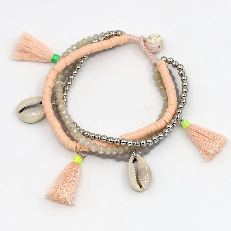 Fashion Multi-layer Beads Strand Shell Bracelet Summer Beach Holiday Jewelry Crystal Clay Stone Mixed Tassel Bracelets Women