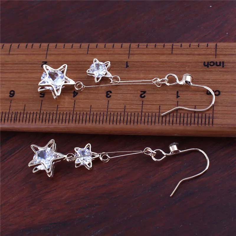 Grace Jun  New Arrival CZ Double Five-pointed Star Clip on Earrings No Pierced for Women Elegant Bridal Earrings Not Allergy