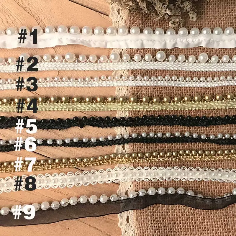 

5 yards 9-17mm wide ivory black gold beaded pearl tapes lace trim ribbon collar wedding dress clothing decorative M2Q140