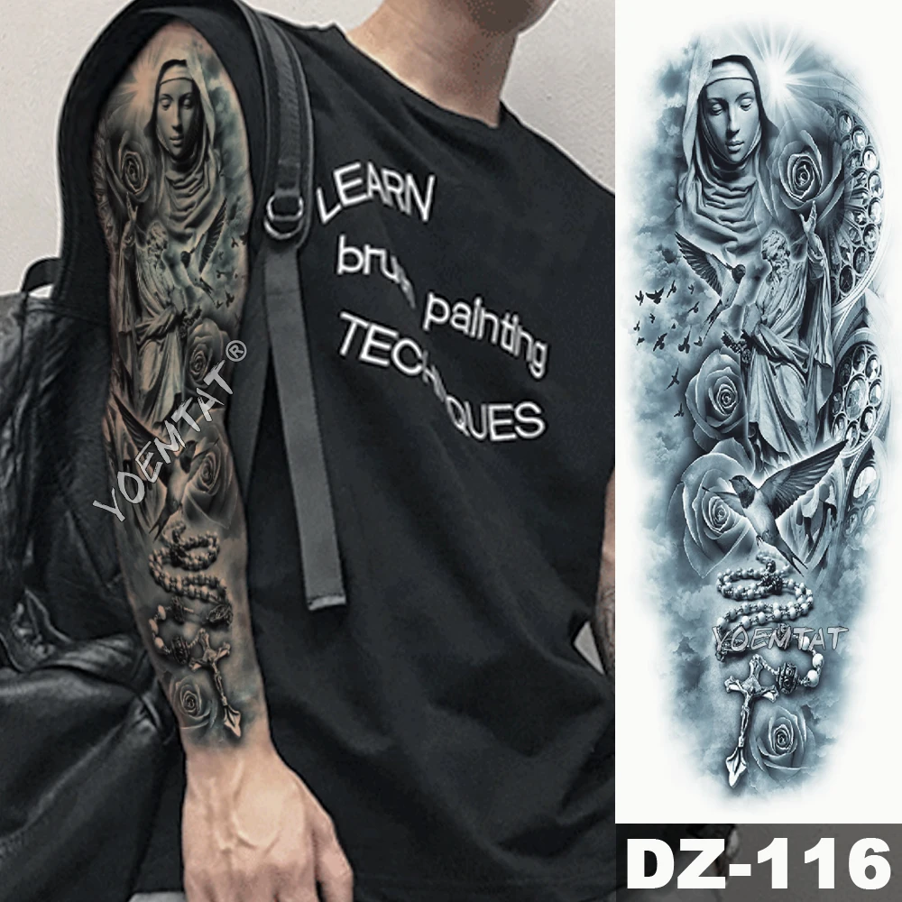 Large Arm Sleeve Tattoo Rose Rosary Virgin Mary Waterproof Temporary Tattoo Sticker Saint Angel Men Full Skull Totem Tatoo image 2
