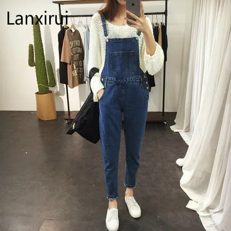 

Summer Style Bib Overalls For Women Washed Wear Scar Personality Big Pocket Scratched Dark Blue Denim Overalls Jeanforwomen