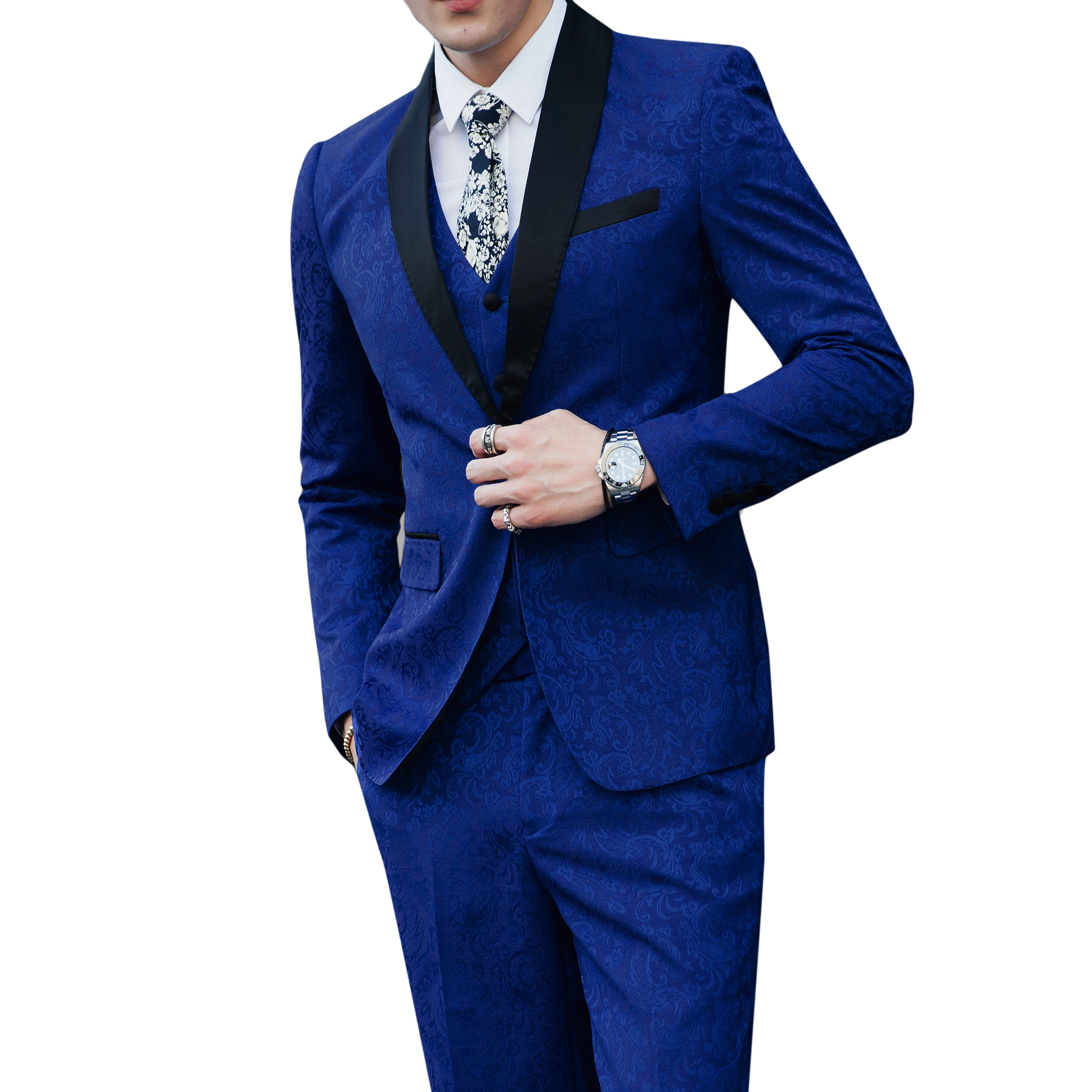 FOLOBE Blue Jacquard Men Suits For Wedding Groom Tuxedos Mens Suits Groomsmen Suit Formal Business Suits 3PCS Jacket+Vest+Pants