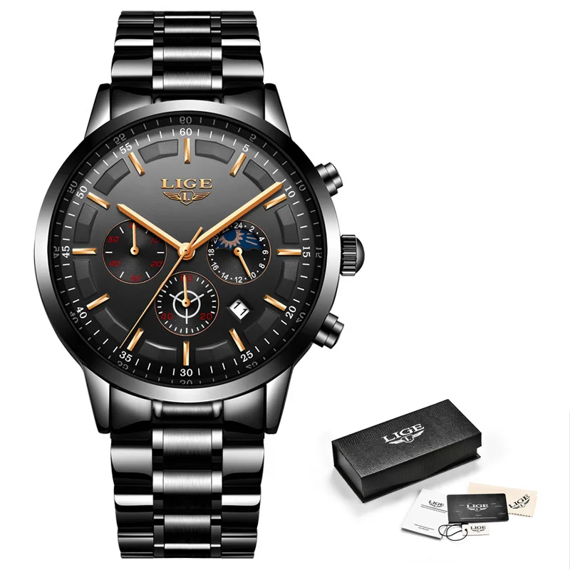 LIGE Fashion Sport Quartz Man Watch Top Brand Luxury Business Clock Watches for Men Waterproof Chronograph Relogio Masculino+Box