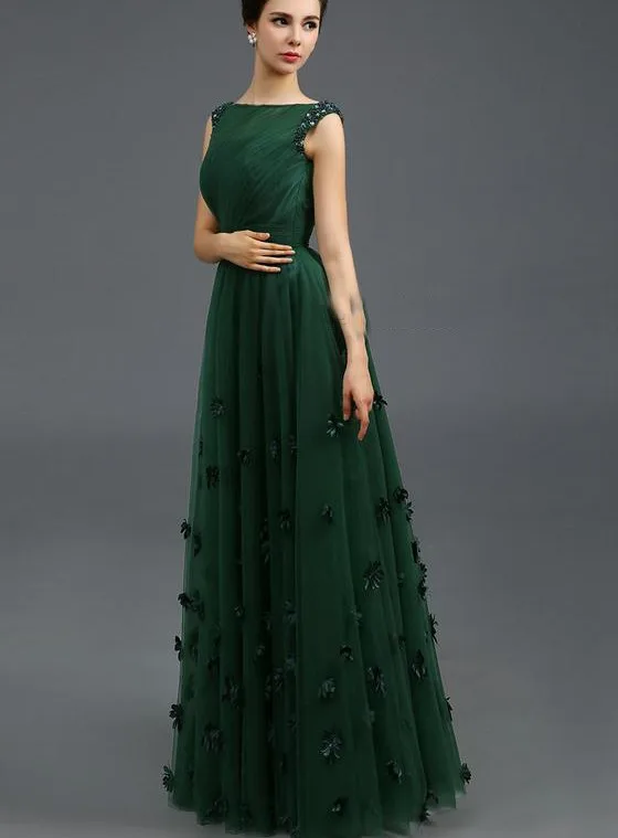 Dark Green Evening Dresses 2024 Bateau Beading 3D Flowers A-Line Long Elegant Formal Prom Party Gowns robe de soiree