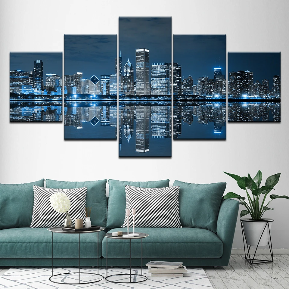 Canvas Painting Live Art Decor- Chicago Downtown at Night 5 Pieces Wall Art Painting Modular Wallpapers Poster Print  Home Decor