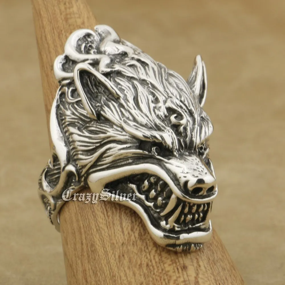 LINSION 925 Sterling Silver Werewolf Grinning Wolf High Details Mens Biker Rock Punk Ring TA21